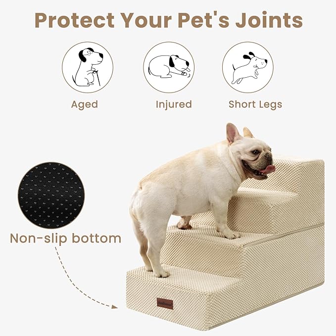 Dog Stairs for Bed 18.5" H, 4-Step Dog Steps for Small Dogs and Cats, Indoor Non-Slip Balanced Pet Stairs are Suitable for Puppy, Older Cat,Beige-PawvioPets