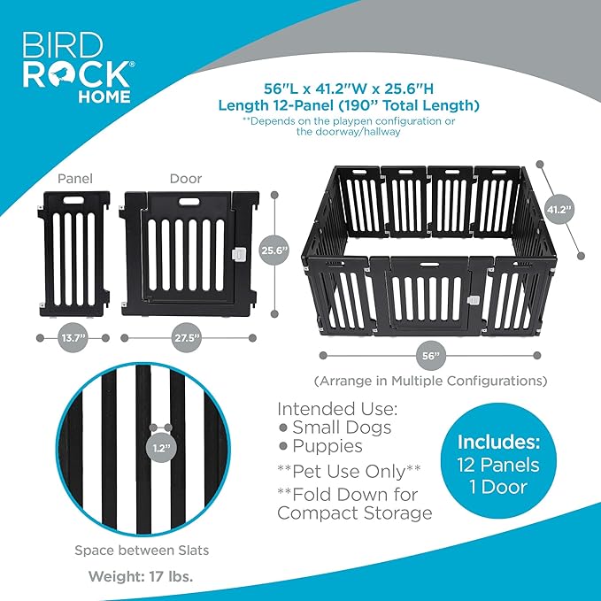 BIRDROCK HOME Dog Playpen w/Door, 12 Panel, 25.6in H | Strong Plastic, Non-Slip Puppy Playpen, Secure Pet Gate | Indoor Outdoor Fence | Configurable Panels | Small to Medium Pets - Black-PawvioPets