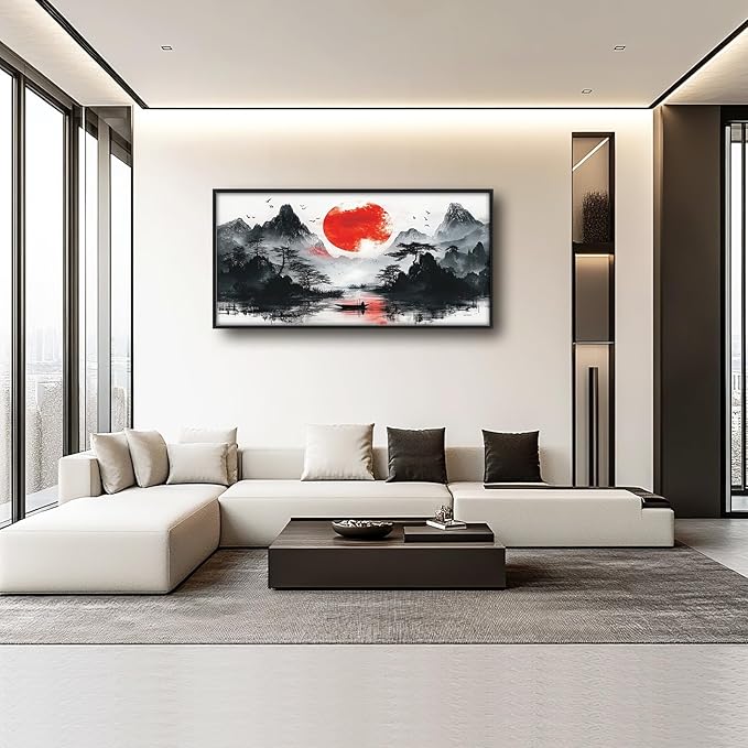 Framed Large Japanese Mountain Wall Art for Living Room, Oversized Asian Red Sun Lake Landscape Wall Decor Nature Canvas Painting Home Decoration for Living Room Bedroom Office 60"x30"-PawvioPets