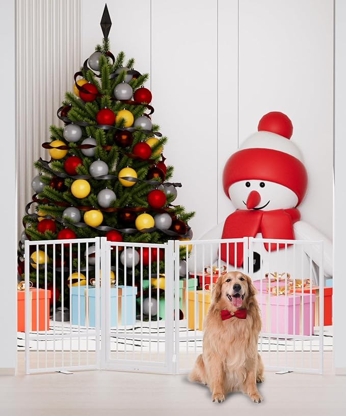 Full Metal Freestanding Dog Gate with Door, 32''Height Foldable Pet Dog Fence for Indoor & Outdoor, 4 Panels Extra Wide Free Standing TallDog Gates for Doorways,House,Stairs,Porch,Deck,Yard-PawvioPets