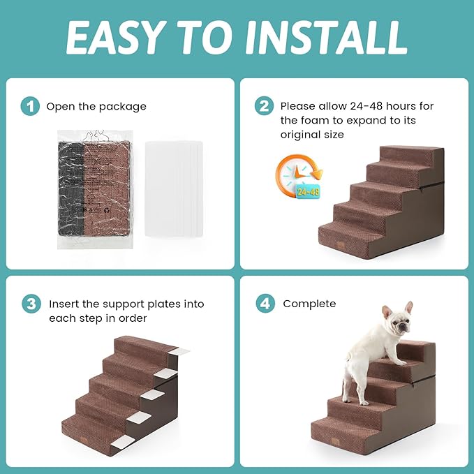 Dog Stairs for Small Dogs, 5 Tier Removable Wider Pet Stairs for Couch and Bed, 23.6" H Non-Slip Dog Steps for Puppies and Old Cats with Support Board, 29.5x19.7x23.6 inch, Brown-PawvioPets