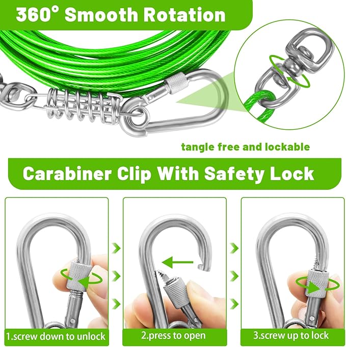 Dog Tie Out Cable 10/15/20/25/30FT Dog Run Cable Rosy Pink/Blue/Purple/Silver/Red/Green/YellowTie Out Cable for Large Dogs Heavy Duty for Outside Hold Large Dogs Up to 250LBS-PawvioPets