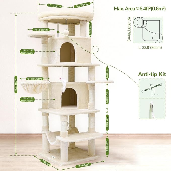 Globlazer Corner Cat Tree for Large Cats, 66inch Tall Curved Series Large Cat Tower for Multiple Indoor Cats with 6 Scratching Posts, 2 Spacious Cat Condos, Hammock, Hanging Basket, C66, Beige-PawvioPets