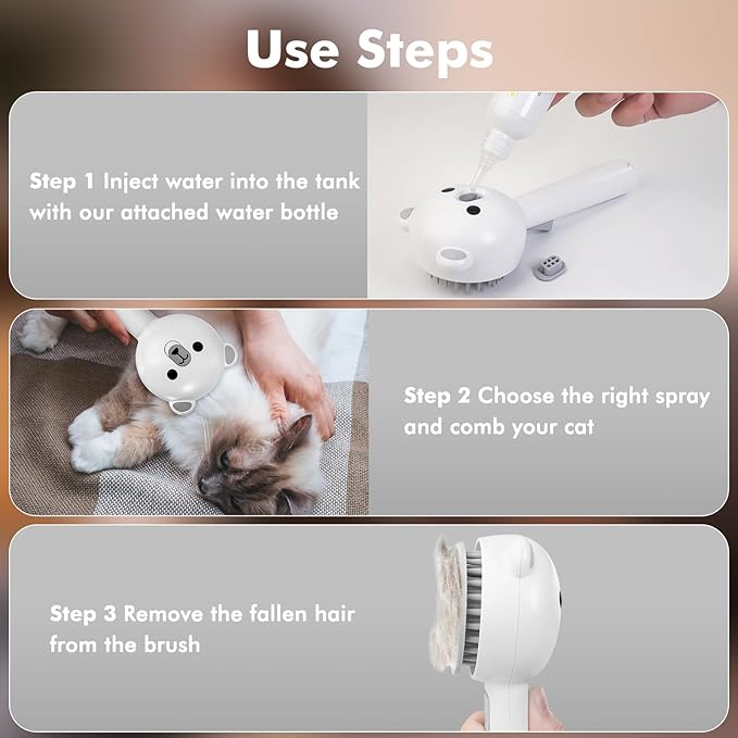4 in 1 Pet Steam Brush for Cat & Dog, Cat Steam Brush for indoor Cats, Self Cleaning Shedding & Grooming Tool with Waterless Shampoo, Pet Spray Hair Removal Comb with Release Button & Water Tank-PawvioPets