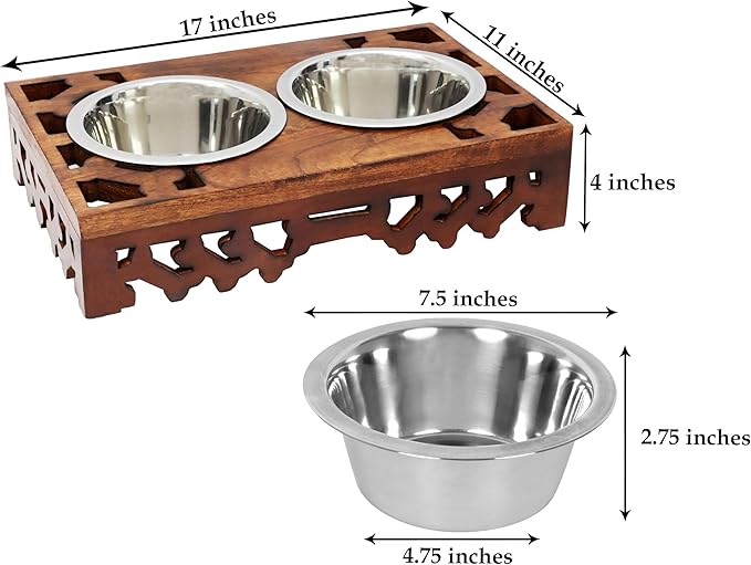 Elevated Pet Feeder for Dogs and Cats - Hand Carved Wood Bones Raised Dog Bowl Stand - Pet Feeding Stand with Two Steel Bowls - Raised Dog Bowl for Food Water - Pet Feeding Station -17x11x4- IRONGATE-PawvioPets