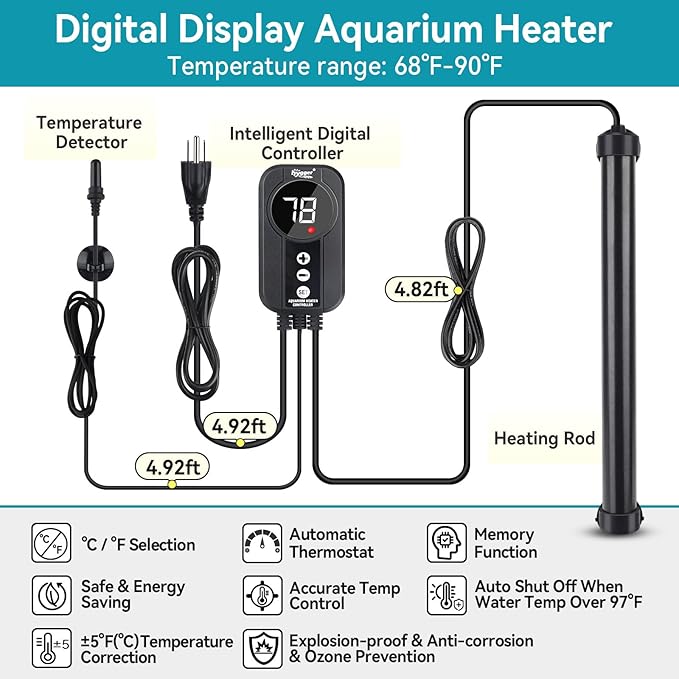 hygger Aquarium Heater 300W,Titanium Heater with Digital LED Controller and Temperature Probe,Submersible Fish Tank Heater with Temperature Calibration,for Saltwater & Freshwater Fish Tank 50-60Gallon-PawvioPets