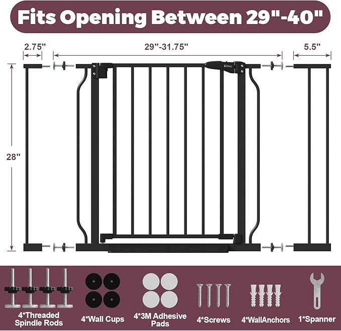 29"-40" Baby Gate for Stairs, Auto Close Stroller Friendly Dog Gate Indoor for Doorways, Pressure Mounted Baby Gate, Easy Walk Through Gate for Children & Pets, Black-PawvioPets