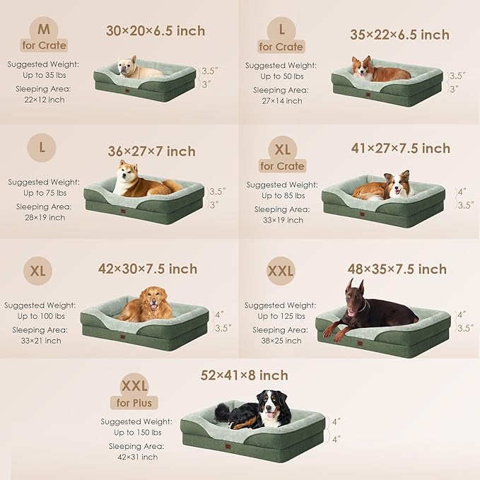 EHEYCIGA Memory Foam XL Dog Bed for XLarge Sized, Extra Large Orthopedic Dog Sofa with Sides and Waterproof Liner, Washable Bolster Pet Couch with Removable Cover, 42x30x7.5 Inch, Green-PawvioPets