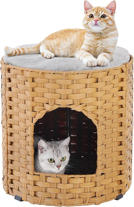 Cat House for Indoor Cat, Large Double Cat Houses Cat Bed Cave, Handwoven Rattan Pet Beds with One Soft Pad, 17 x 17 x 17 Inches Foldable Kitten Hideaway in Living Room Natural-PawvioPets