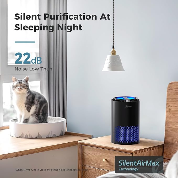 AROEVE Air Purifiers for Bedroom Home, Air Purifier For Smoke Pollen Dander Hair Smell Air Cleaner with Sleep Mode Speed Control For Bedroom Office, MK01- Black(Available for California)-PawvioPets