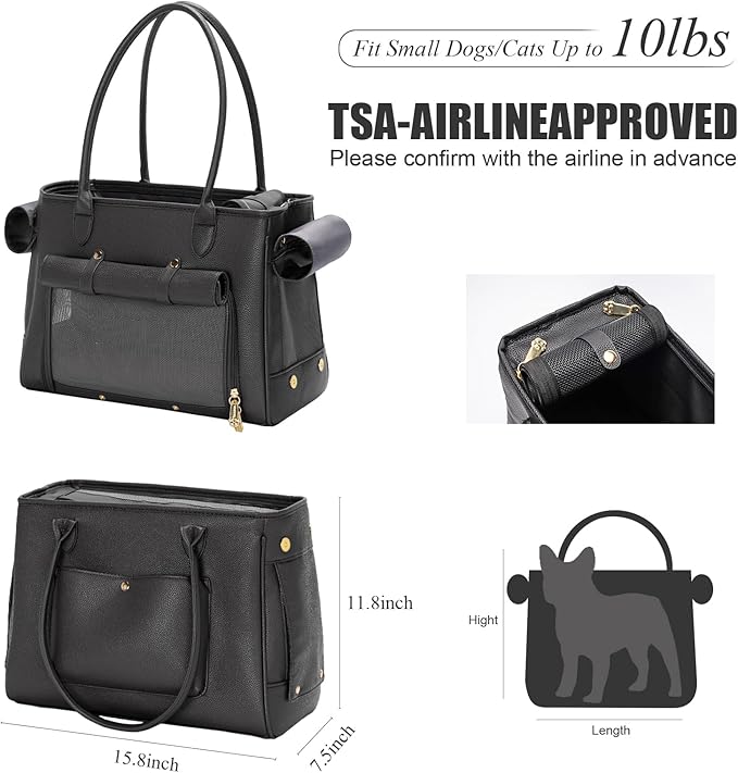 Fashion Pet Carrier Purse for Small Cat and Dog, Luxury Pu Soft-Sided Tote Bag with Large Pockets for Dogs and Puppies (Black, 15.8" L x 7.5" W x 11.8" H)-PawvioPets