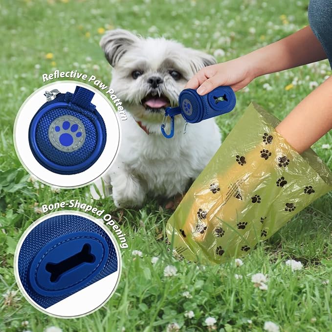 Dog Poop Bag Holder for Leash Doggie Waste Bag Dispenser Soft Fabric Puppy Potty Carrier Small Doggy Zipper Pouch with Carabiner Clip 1680D Nylon Oxford with 1 Roll of Pet Trash Bag, Royal Blue-PawvioPets