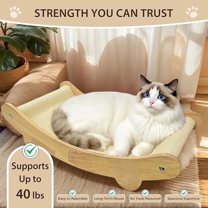 2-in-1 Sisal Cat Scratcher Bed for Indoor Large Cats – Hammock Lounge with Natural Sisal Pad, Wooden Cat Furniture for Scratching and Resting-PawvioPets