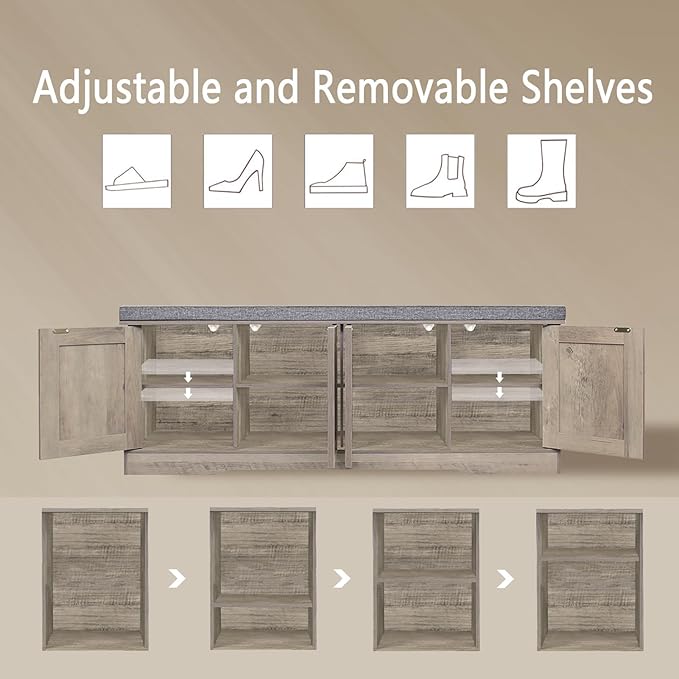 DINZI LVJ Shoe Bench, Entryway Storage Bench with Doors, Cushion, 2-Tier Shoe Rack with 8-Cubby, 47.2”L x 13.8”W Shoe Organizer Cabinet, Adjustable Shelf, Living Room, Bedroom, Gray Wash-PawvioPets