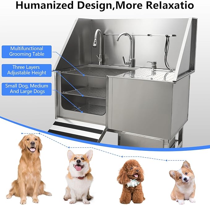50" Dog Washing Station, Professional Stainless Steel Pet Dog Bathing Station with Ramp, Faucet, Storage Drawer, Floor Grate Dog Bathtub for Large, Medium, Small Pets (Left Ramp)-PawvioPets