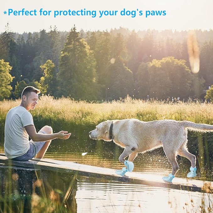 Dog Shoes, Dog Sandals for Hot Pavement, Non-Slip Waterproof Dog Booties for Winter Snowy Day and Summer, Adjustable Straps Easy-Clean Beach Outdoor Pet Boots Rugged Sole-4Pcs Blue-PawvioPets