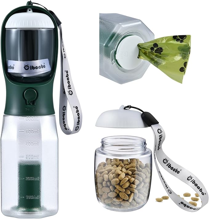 Dog Water Bottle with Food Container & Poop Bag Holder, Travel Water Bowl, Portable Pet Dispenser, Dog Stuff Accessories Items, Puppy Essentials Necessities for Yorkie Chihuahua Walking Hiking-PawvioPets