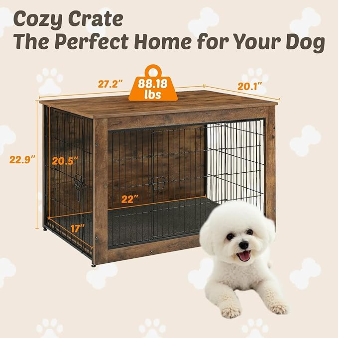 Dog Kennel Furniture, Wooden Dog Crate End Table, Heavy Duty Dog Crate, Decorative Pet Crate Dog Cage for Large Indoor Use (Rustic Brown) 27" L×20" W×23" H-PawvioPets