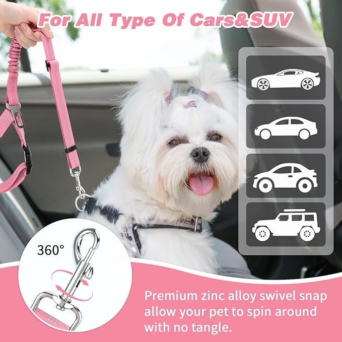 BWOGUE Pet Dog Cat Seat Belt Reflective Car Dog Headrest Restraint Leash Elastic Buffer Bungee Adjustable Tangle-Free Safety Leads Vehicle Seatbelt Harness for Small, Medium and Large Dogs (1 Pack)-PawvioPets
