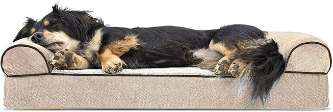 FurHaven Soft, Orthopedic Foam Sofa Dog Bed with Washable & Removable Cover - Sherpa/Chenille - Cream, Dogs Up to 35 lbs - Medium-PawvioPets