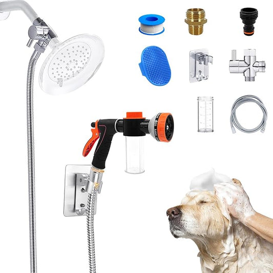 Dog Shower Attachment Water Hose Nozzle Sprayer Set with Metal 3-Way Shower Diverter & 6.6 Ft Long Hose for Bathroom Shower Arm Easy Indoor Outdoor Pet Pup Dog Washing Hose attachment-PawvioPets