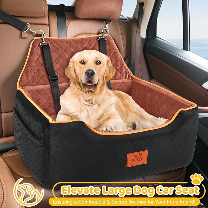 Dog Car Seat for Large/Medium Dog, Booster Seat for Dogs Under 55Lbs or 2 Small, Detachable and Washable Travel Pet Seat with Thick Cushion and Storage Pockets (Black/Brown)-PawvioPets