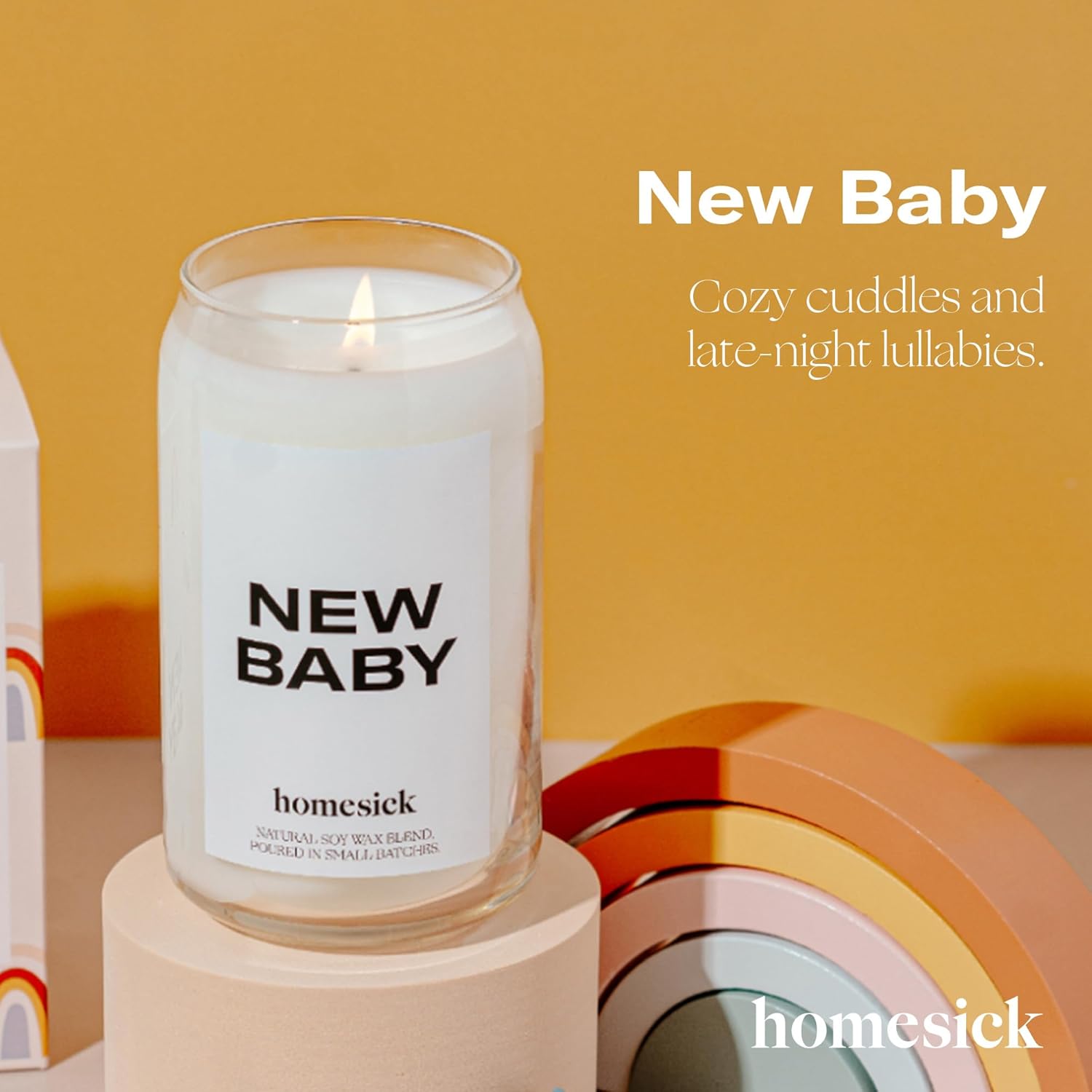 Homesick Scented Candles for Home (New Baby) - 13.75 oz Long-Lasting Natural Soy Wax Blend Jar Candle Gifts & Couples Baby Shower Favors, 60-80 Hours Burn Time - Notes of Geranium & Vanilla