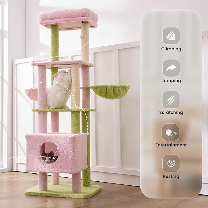 Gardner Pet 65in Heavy Duty Cat Tree Tower for Large Cats, Multi-Level Cat Furniture with Replaceable Sisal Scratching Post, Hammock | Extra-Large Platform & Condo (Pink&Green, Basic φ:2.84")-PawvioPets