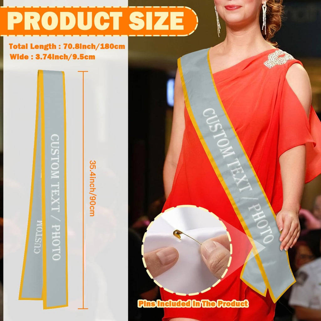 Custom Sash,Personalized Birthday Sash with Text Photo,Customized Bachelorette Sash Quote Sash Bride to Be Sash Color Optional (With decorative edge, Sliver)