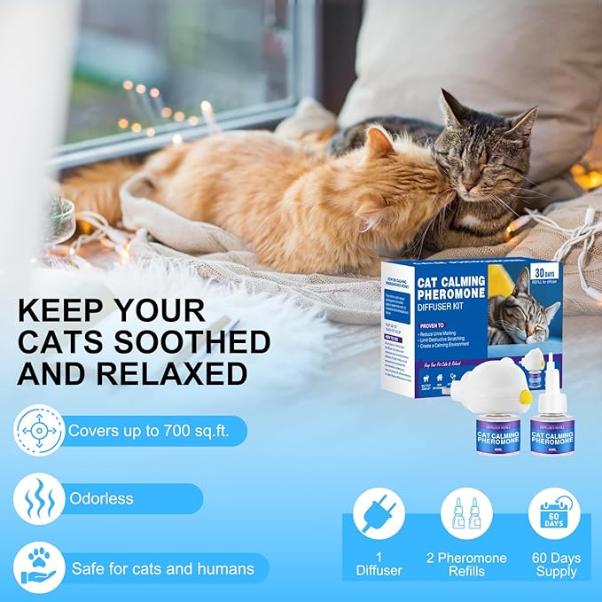 Cat Calming Diffuser Kit for Cat Anxiety Relief, 3-in-1 Cat Pheromone Diffuser Kit with 1 Diffuser +2 Refill 48ml Vial for 60-Day Use, Reduces Separation Anxiety, Aggression, and Stress-PawvioPets