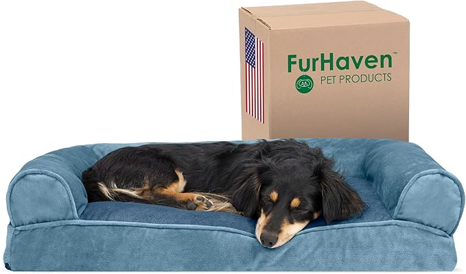 Furhaven Pillow Dog Bed for Medium/Small Dogs w/ Removable Bolsters & Washable Cover - Faux Fur & Velvet Sofa - Harbor Blue, Medium-PawvioPets