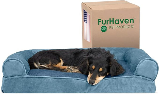 Furhaven Pillow Dog Bed for Medium/Small Dogs w/ Removable Bolsters & Washable Cover - Faux Fur & Velvet Sofa - Harbor Blue, Medium-PawvioPets