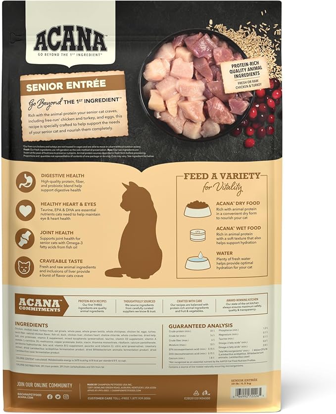 ACANA Dry Cat Food for Seniors Senior Entrée Chicken Turkey and Duck 10lb Bag-PawvioPets