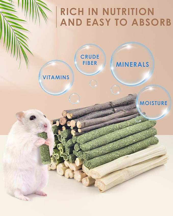 Bissap 60 PCS Rabbit Chew Sticks, Sweet Bamboo Timothy Hay Chew Stick Papaya Stems Apple Branch Bunny Chews for Rabbit Hamster Chinchilla Guinea Pig Small Pet Natural Molar Treats-PawvioPets