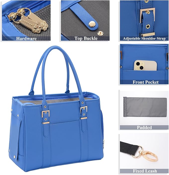 Fashion Pet Carrier Dog Purse Cat Bag Soft-Sided Carriers Travel Airline Approved, Stylish Leather Tote Handbag for Small Animal Puppy Kitten (Blue)-PawvioPets