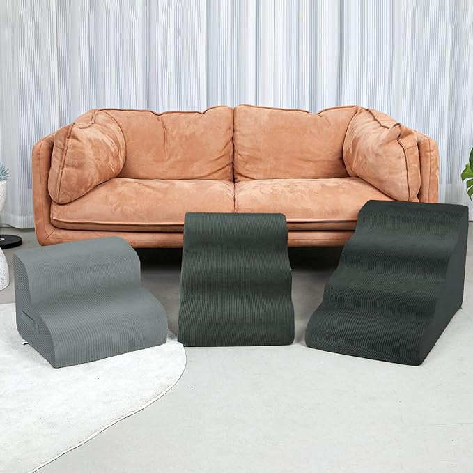 Dog Stairs Steps for High Bed, 4 Steps Pet Steps for Small Dogs Non-Slip Removable Washable Cover Ramp for Indoor Outdoor Car Couch Sofa, Dark Gray-PawvioPets