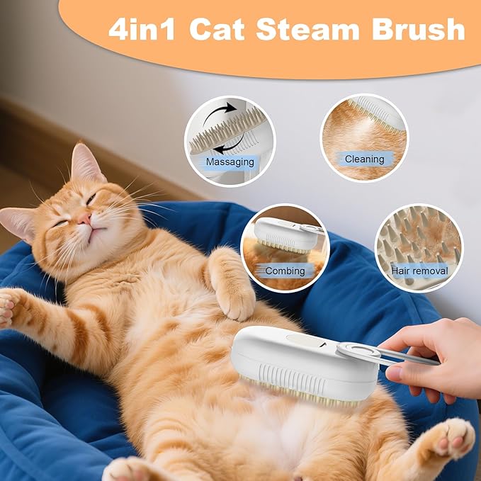 4 in 1 Cat Steam Brush for Shedding，Rechargeable Steam Pet Brush With Rotating Handle for Massaging, Self-Cleaning, and Pet Hair Removal for Long and Short Hair of Cat and Dog （Beige）-PawvioPets