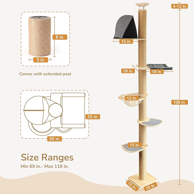 FUKUMARU Floor to Ceiling Cat Tree, 6 Level Adjustable Height (5.7-9.8 ft) Climbing Tower with Thickened Scratching Posts, Cats Activity Center with Transparent Capsule and Cozy Hammock-PawvioPets