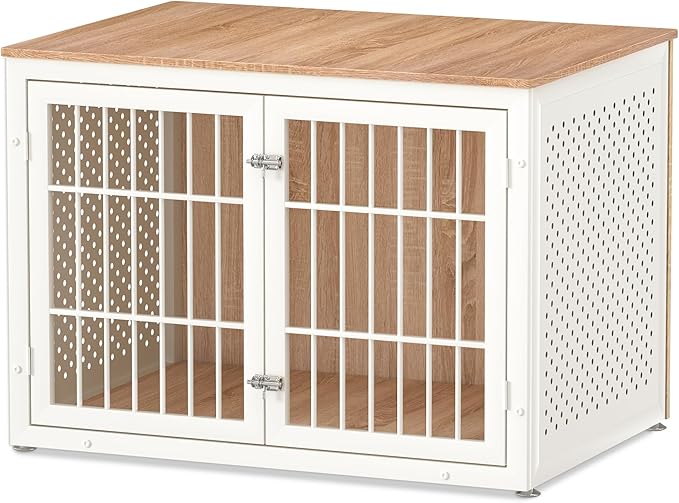 42" Heavy Duty Dog Crate Furniture for Large Dogs, Metal Kennel for High Anxiety Dogs, White Wooden Cage Furniture Indoor, Decorative Dog Kennel End Table, XL-PawvioPets