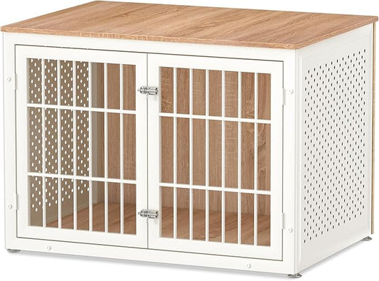 42" Heavy Duty Dog Crate Furniture for Large Dogs, Metal Kennel for High Anxiety Dogs, White Wooden Cage Furniture Indoor, Decorative Dog Kennel End Table, XL-PawvioPets