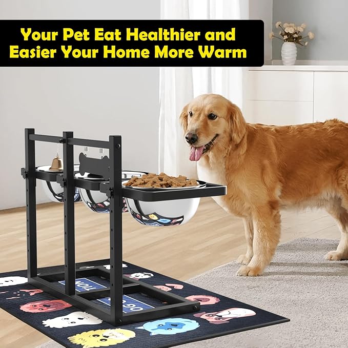 Elevated Dog Bowl Stand for Medium/Large Dogs with Slow Feeder & Mat, Adjustable Height 3.9'',5.5'',7.1'',8.7'',10.2'',11.8'', 58oz Raised Triple Dog Food Water Bowls-PawvioPets