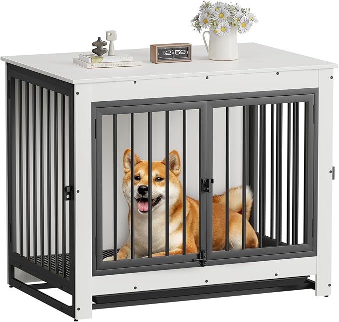Dog Crate Furniture, Dog Crate End Table for Medium and Large Dogs,Wooden Cage Kennel Furniture Indoor, Modern Dog Crate with Multi-Purpose Removable Tray, Double-Doors Dog Furniture, White-PawvioPets