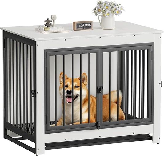 Dog Crate Furniture, Dog Crate End Table for Medium and Large Dogs,Wooden Cage Kennel Furniture Indoor, Modern Dog Crate with Multi-Purpose Removable Tray, Double-Doors Dog Furniture, White-PawvioPets