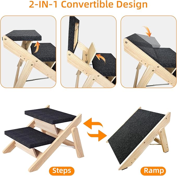 Dog Stairs/Ramp for Bed, Wooden Convertible Pet Steps, Portable Dog Ladder Up to 180 Pound for Elderly/Short-Legged Dogs, 2 Steps for Beds, Couch, Cars-PawvioPets