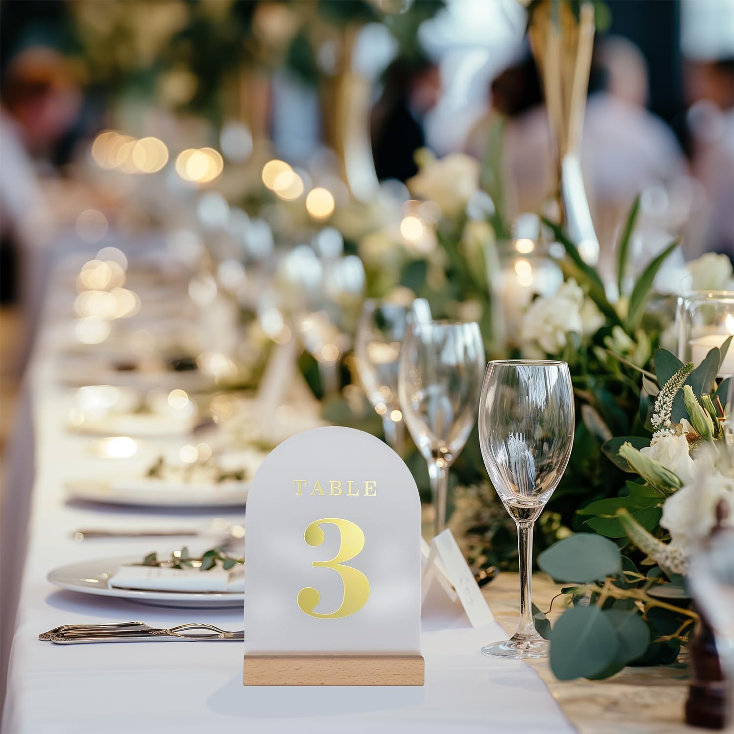 Wedding Table Numbers 1-25, Acrylic Arch Signs with Natural Wood Stands Holders, Rustic Table Decor for Reception & Parties (Frosted Gold)