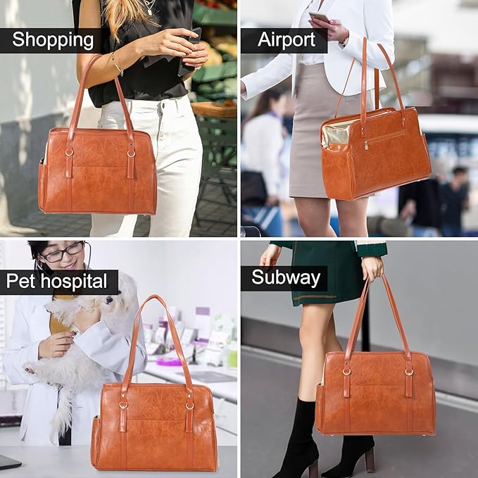 Dog Carrier Purse, Fashion Leather Pet Carrier with Pockets, Airline Approved Soft Sided Dog Carrying Bag for Puppy Cat Dog Brown-PawvioPets