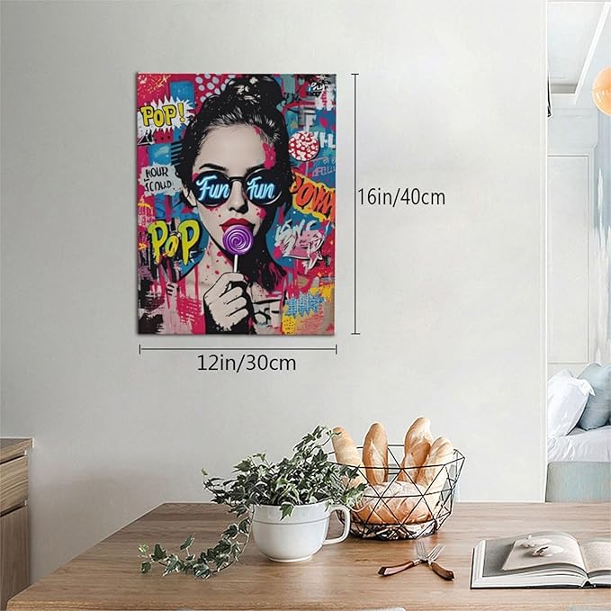 Fashion Women Wall Art Glam Modern Artwork for Girls Banksy Street Graffiti Pop Art Canvas Pictures Painting Print Framed Decorations Gifts for Bedroom Living Room Office 12"x16"-PawvioPets