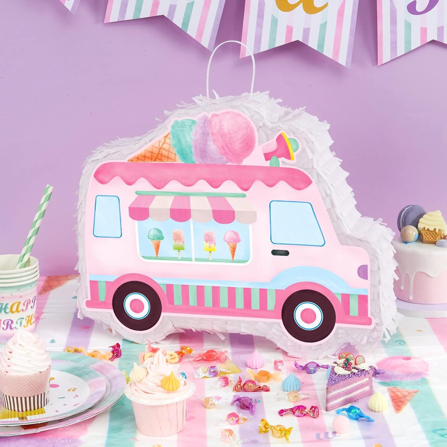 WERNNSAI Ice Cream Piñata -15.7'' x 12.2'' Ice Cream Truck Piñata with Stick and Blindfold Birthday Game for Kids Girls Summer Candy Theme Party Baby Shower School Activities Dessert Party Decorations