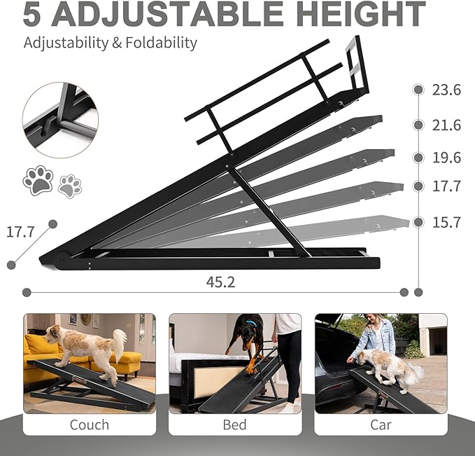 ABORON Folding Pet Ramp, 5-Level Adjustable Dog Ramp for Bed, Couch, SUV - High Traction Rubber Surface, Supports up to 200 lbs, 45.2" Long - Ideal for Small & Large Dogs & Cats,Black Finish-PawvioPets