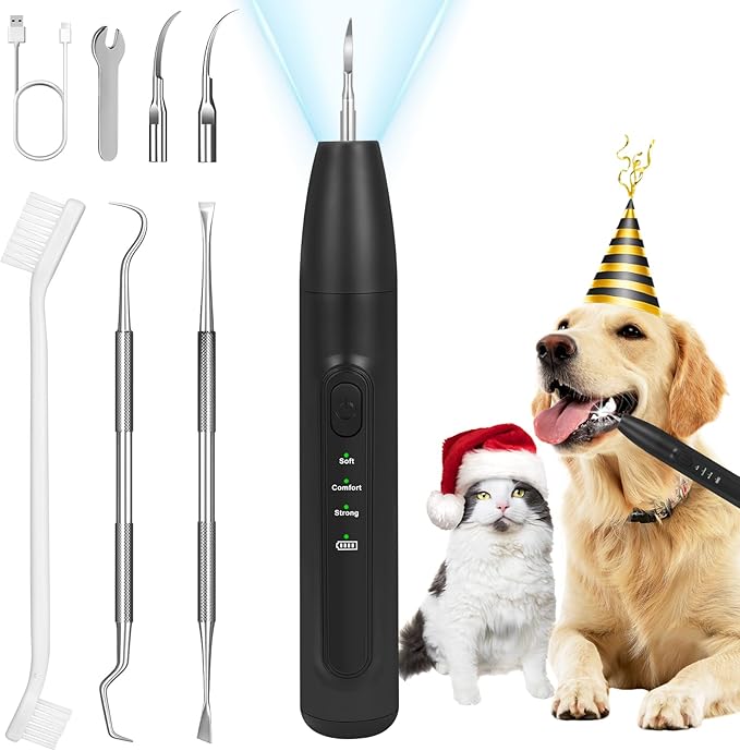 Dog Tooth Brushing Kit,Dogs Teeth Cleaning Kit with Light,3 Modes Doggie Plaque and Tartar Remover for Teeth,Low Noise Dog Teeth Cleaner and Dental Care, Black1-PawvioPets